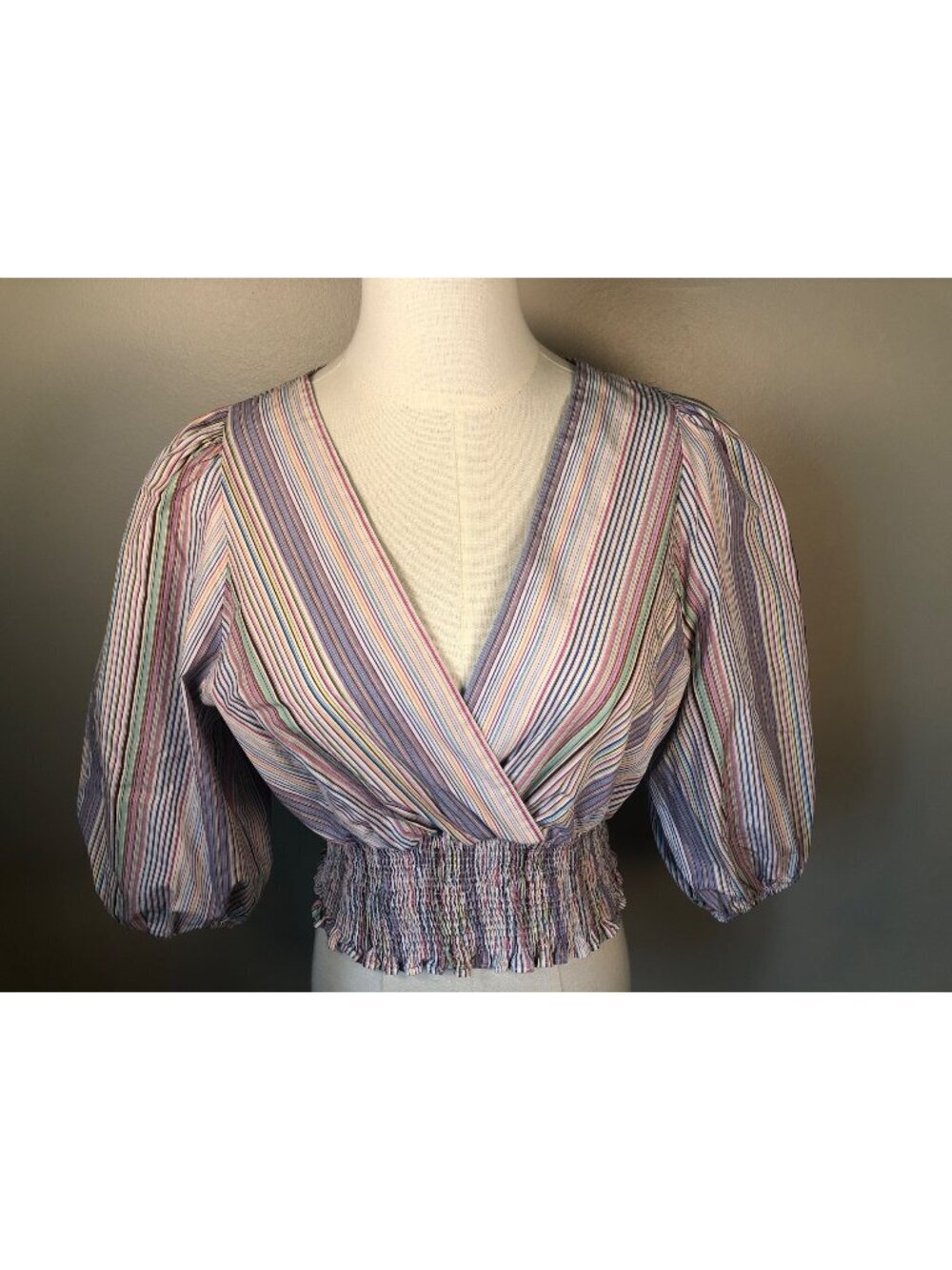 Zara 100% Cotton Rainbow Striped Faux Wrap Front Smocked Crop Top Size M